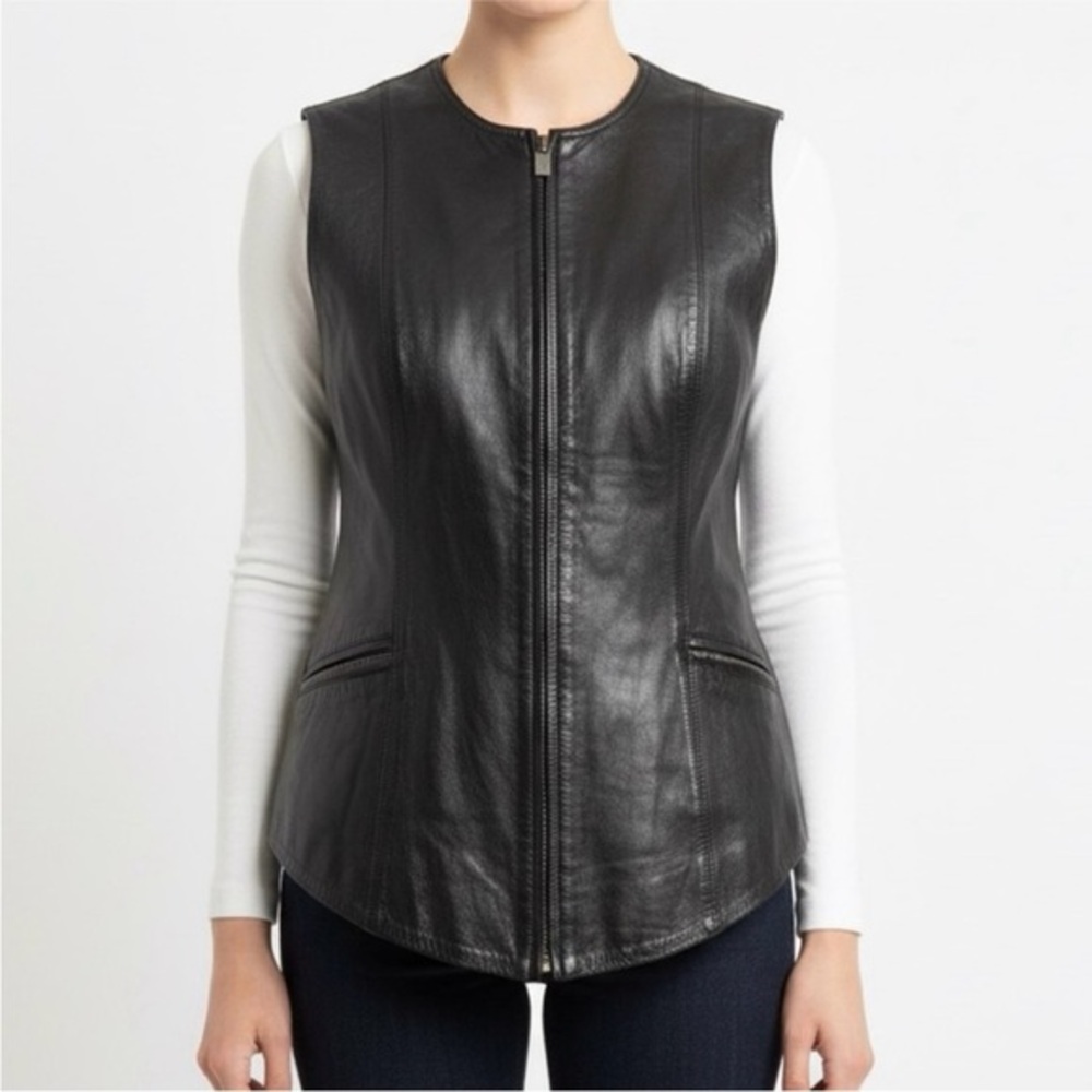 Vintage Margret Godfrey Black Leather Motorcycle Zip Up Vest with Pockets S
